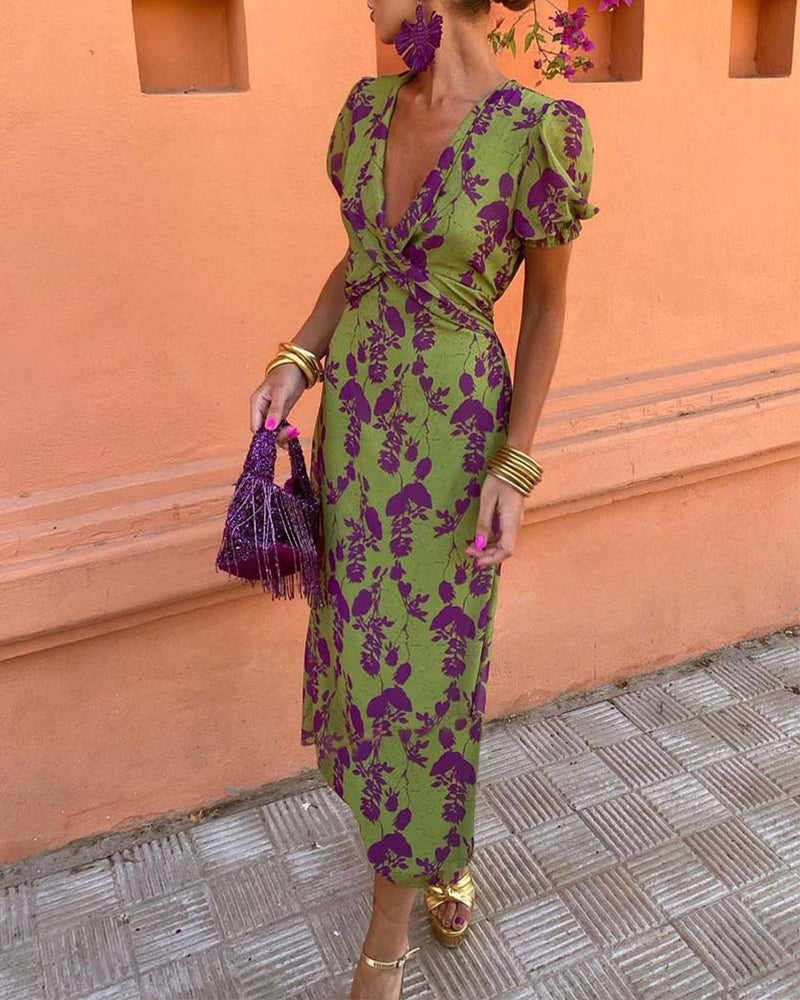 Women's Floral Midi Dress with Puff Sleeves and Draped Waist
