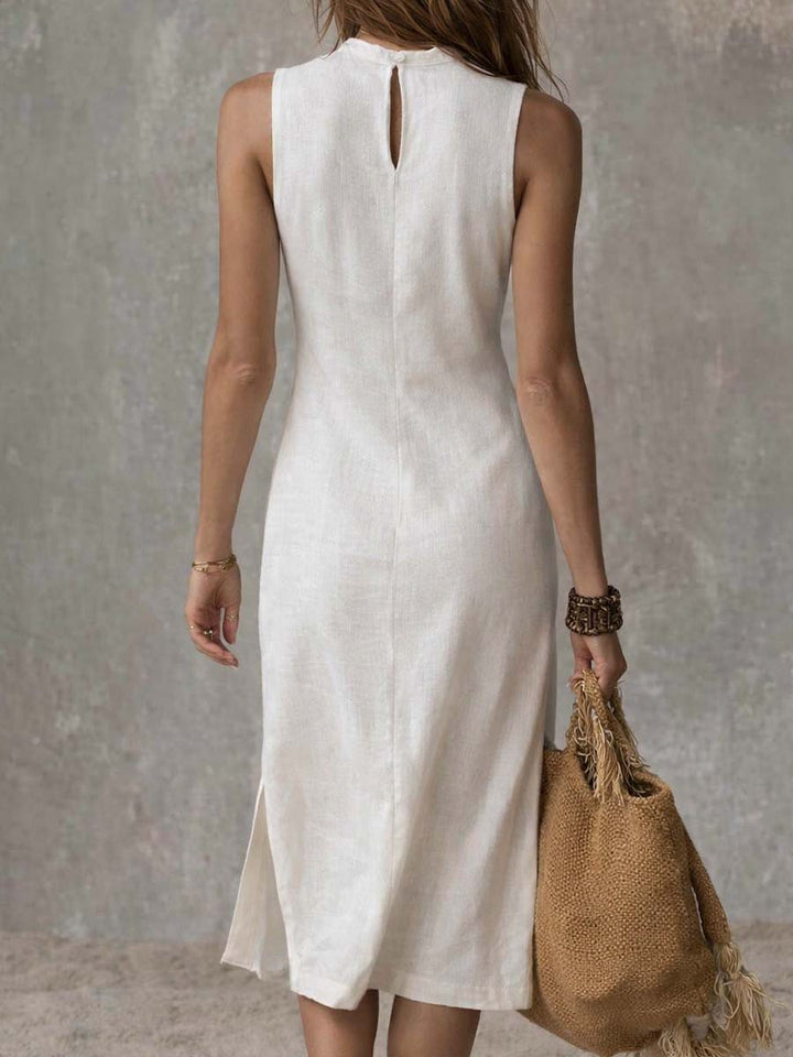 Women's Cotton Linen Midi Dress Stand Collar Split Hem