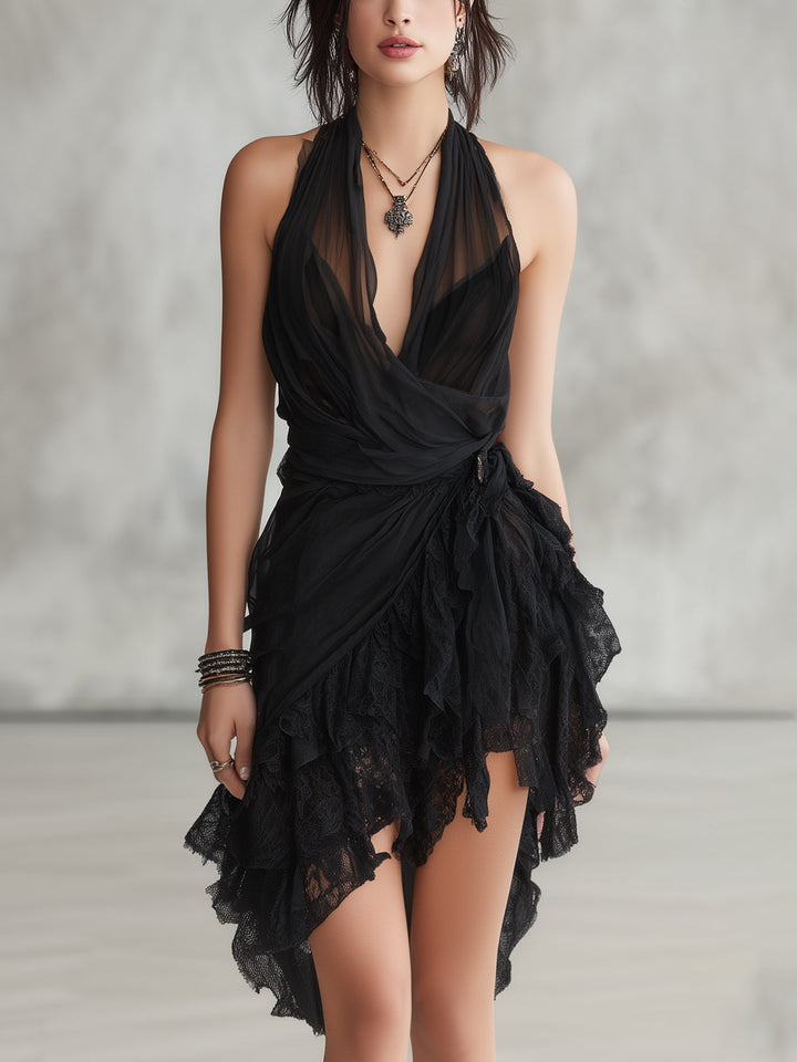 Women's Black Halter Neck Dress with Draped Ruffle