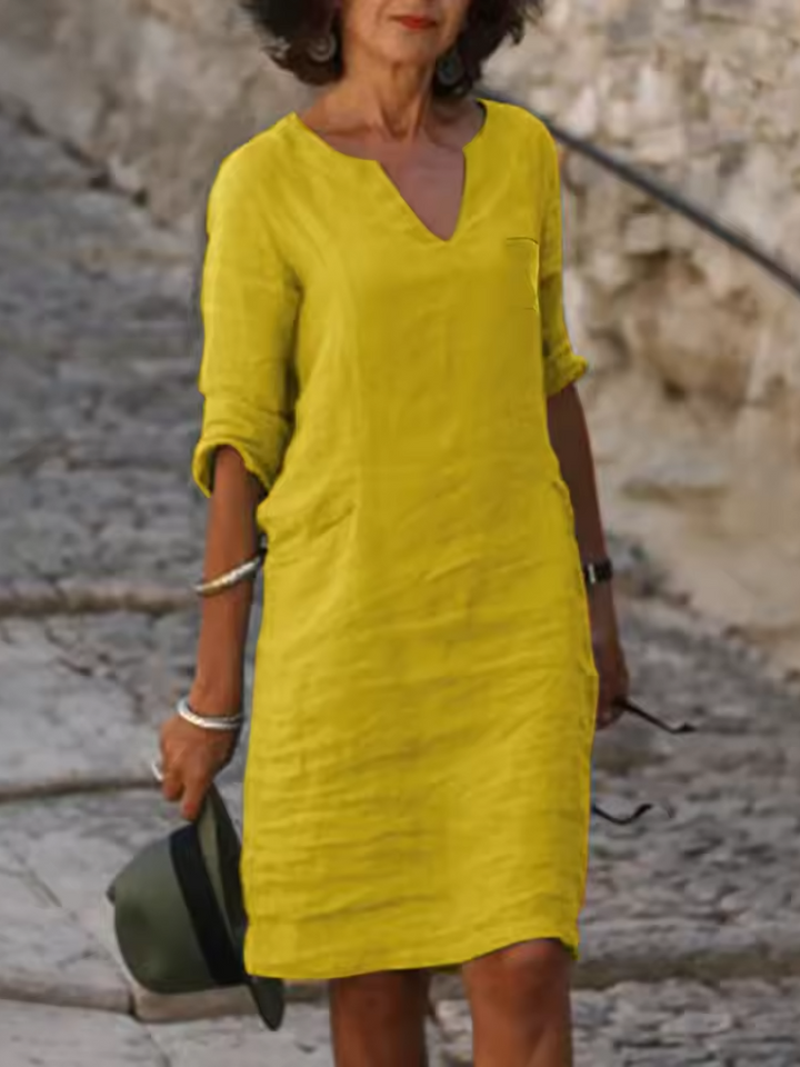 Mila - V-Neck Cotton Linen Dress with Mid Sleeves and Slim Fit