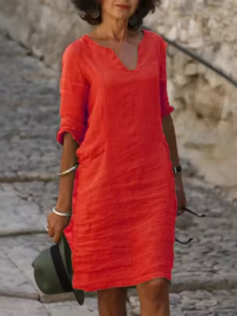 Mila - V-Neck Cotton Linen Dress with Mid Sleeves and Slim Fit