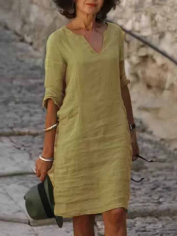 Mila - V-Neck Cotton Linen Dress with Mid Sleeves and Slim Fit