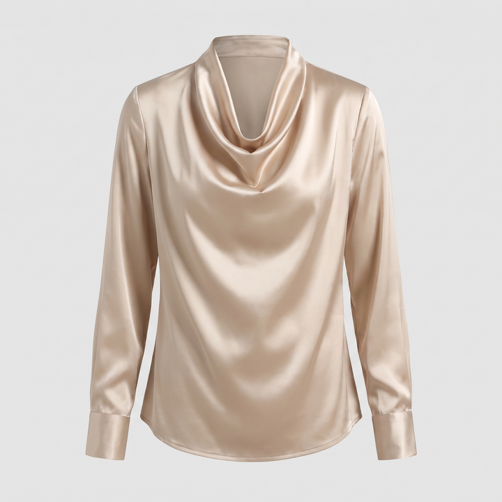Women's Satin Pleated Draped Blouse with a Cowl Neck - Champagne