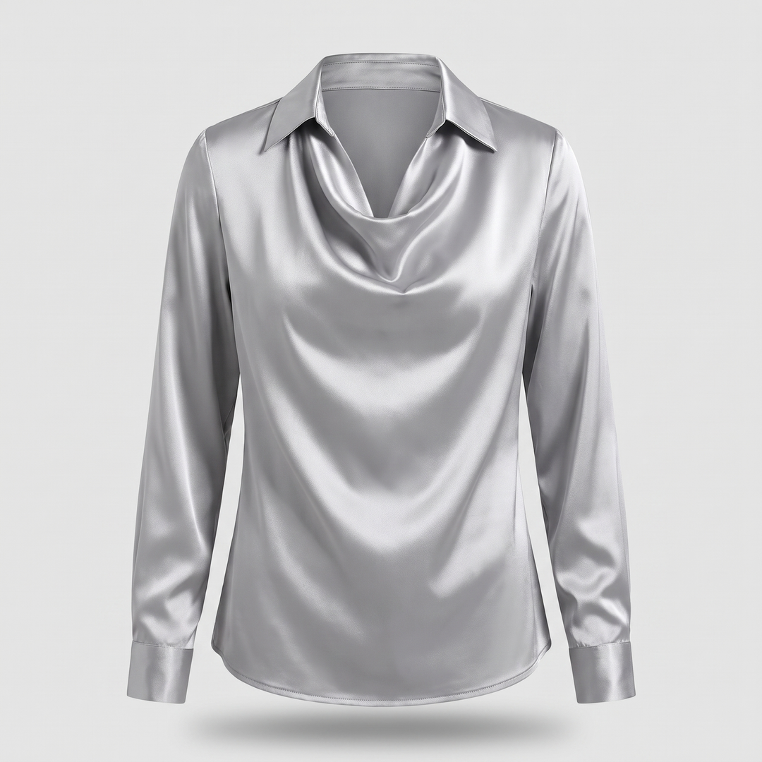 Women's Satin Pleated Draped Blouse with a Cowl Neck - Silver