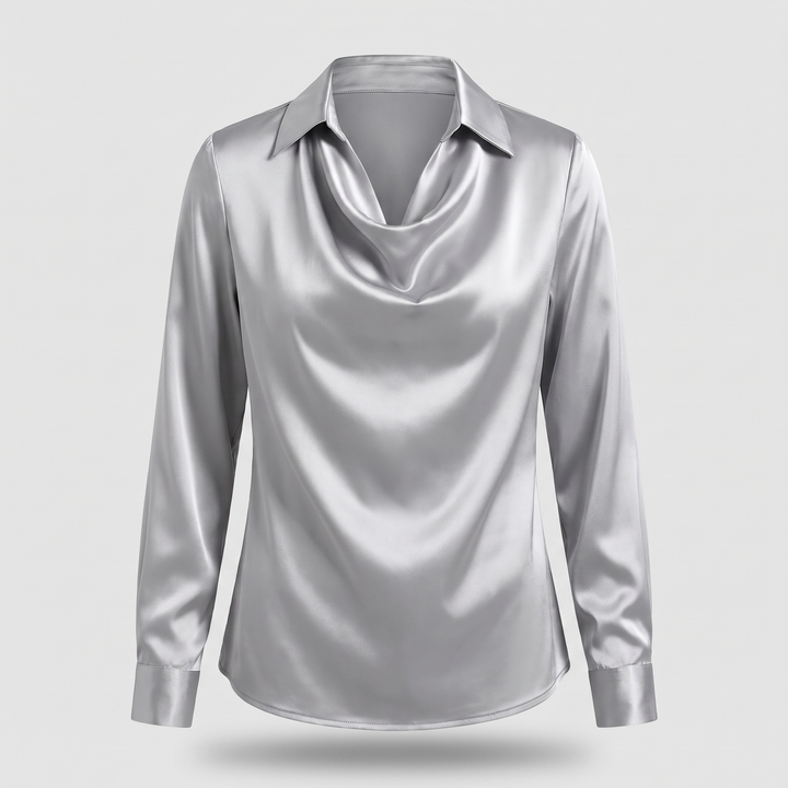 Women's Satin Pleated Draped Blouse with a Cowl Neck - Silver