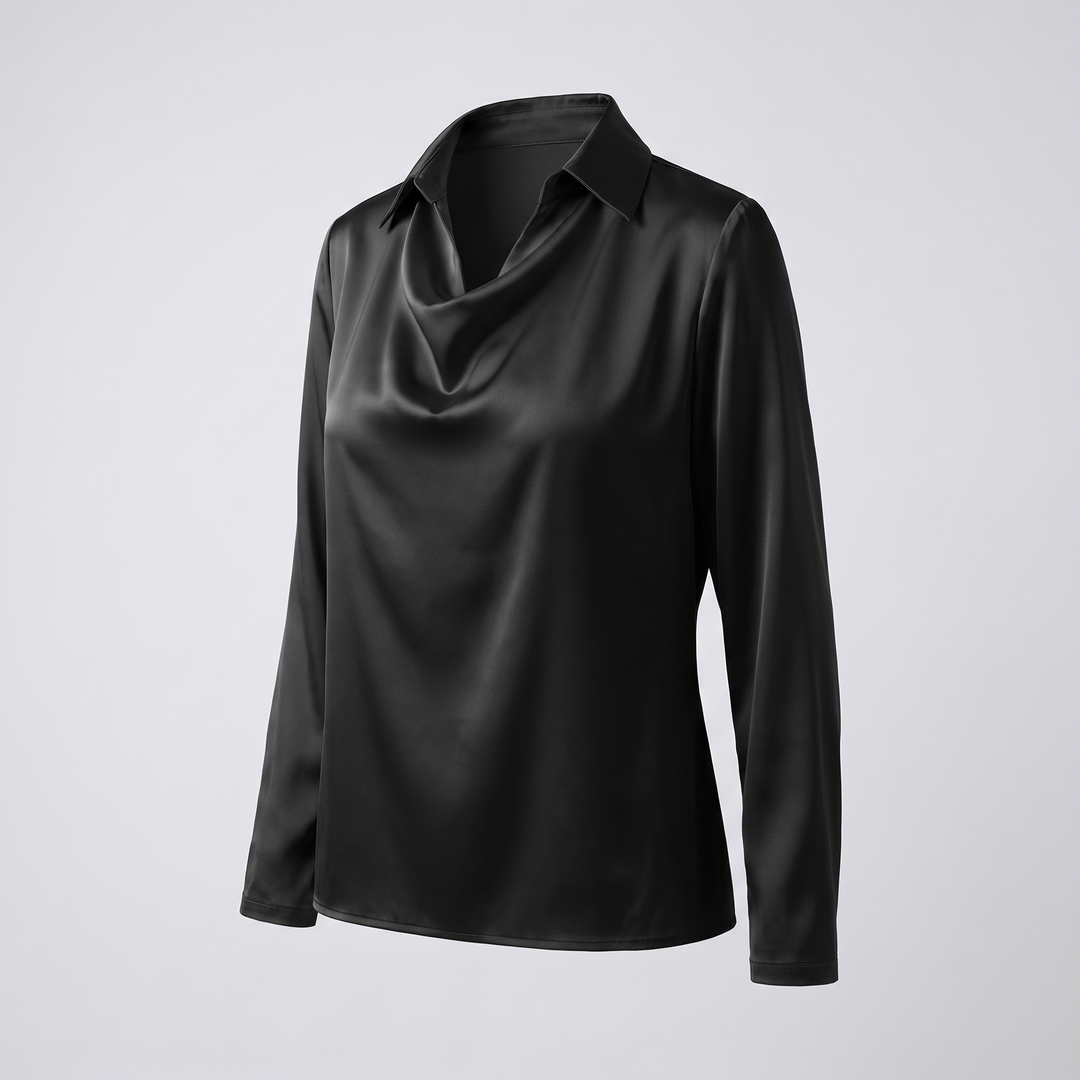 Women's Satin Pleated Draped Blouse with a Cowl Neck - Black