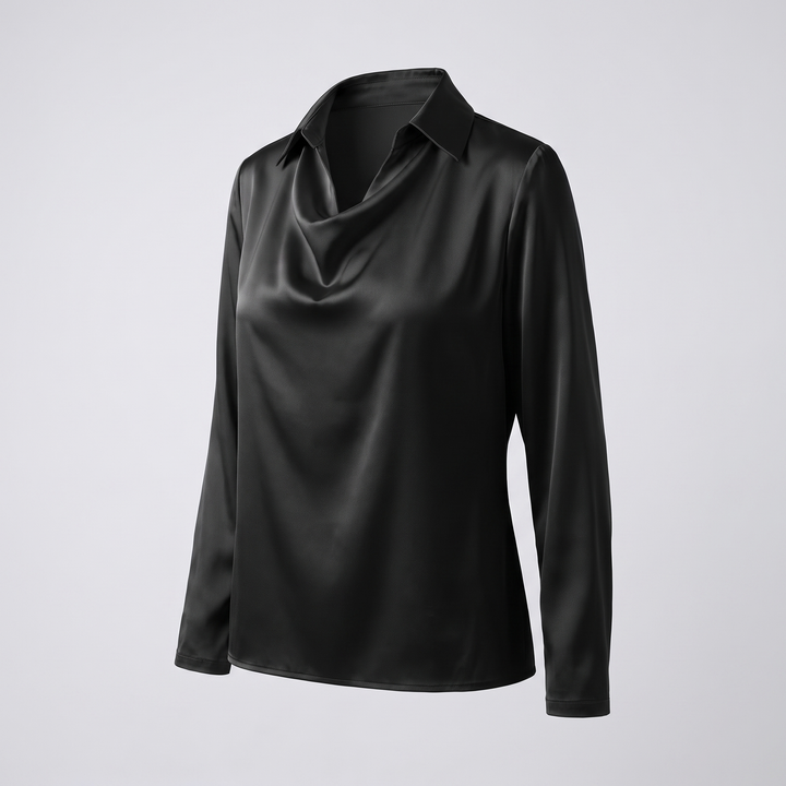 Women's Satin Pleated Draped Blouse with a Cowl Neck - Black