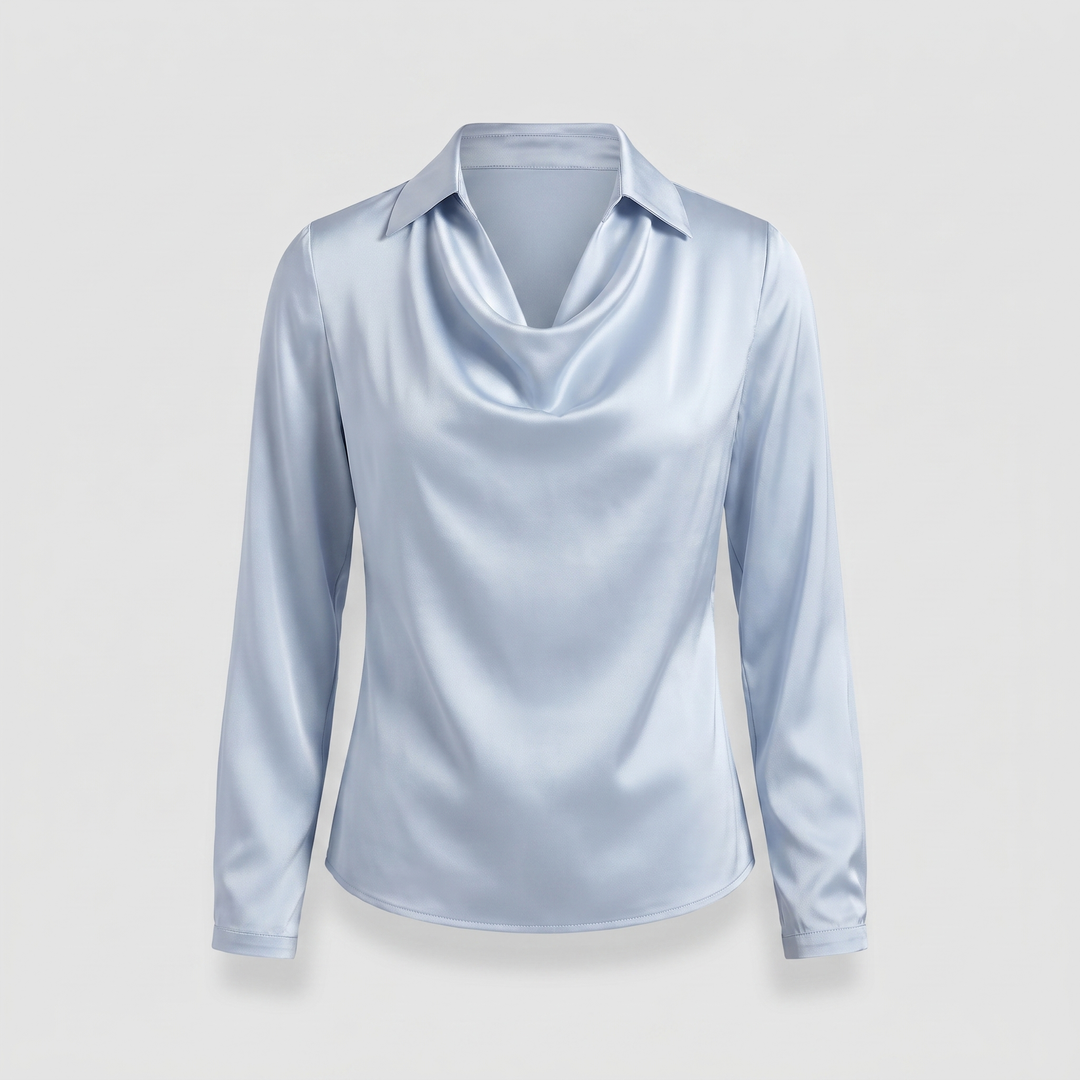 Women's Satin Pleated Draped Blouse with a Cowl Neck - Light Blue