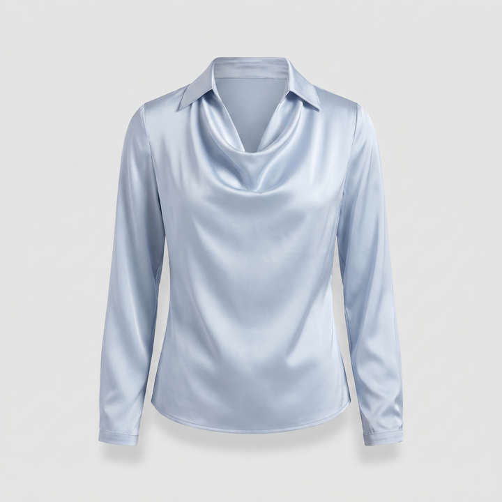 Women's Satin Pleated Draped Blouse with a Cowl Neck - Light Blue