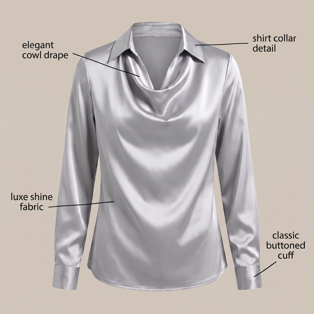 Women's Satin Pleated Draped Blouse with a Cowl Neck