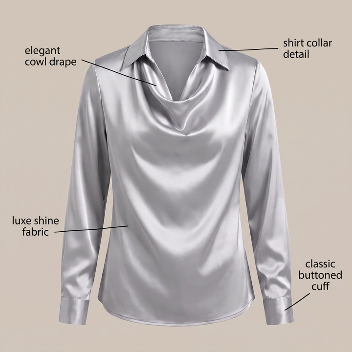 Women's Satin Pleated Draped Blouse with a Cowl Neck