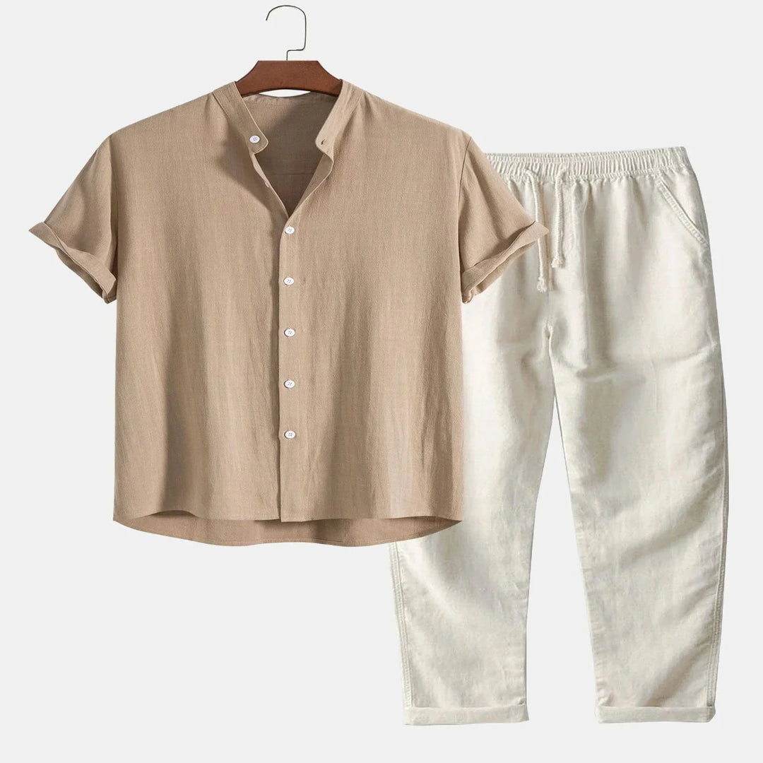 Men's Linen Shirt and Pants Set with Stand Collar and Short Sleeves