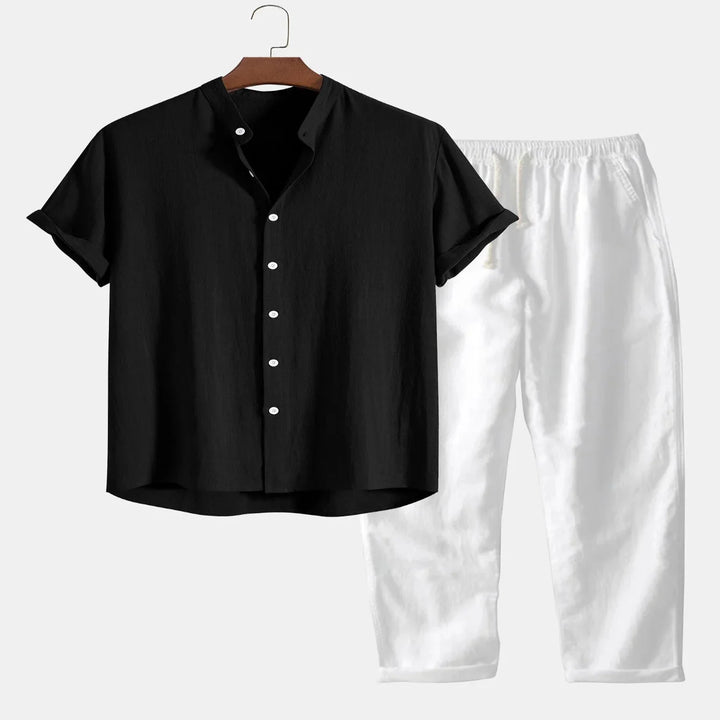 Men's Linen Shirt and Pants Set with Stand Collar and Short Sleeves