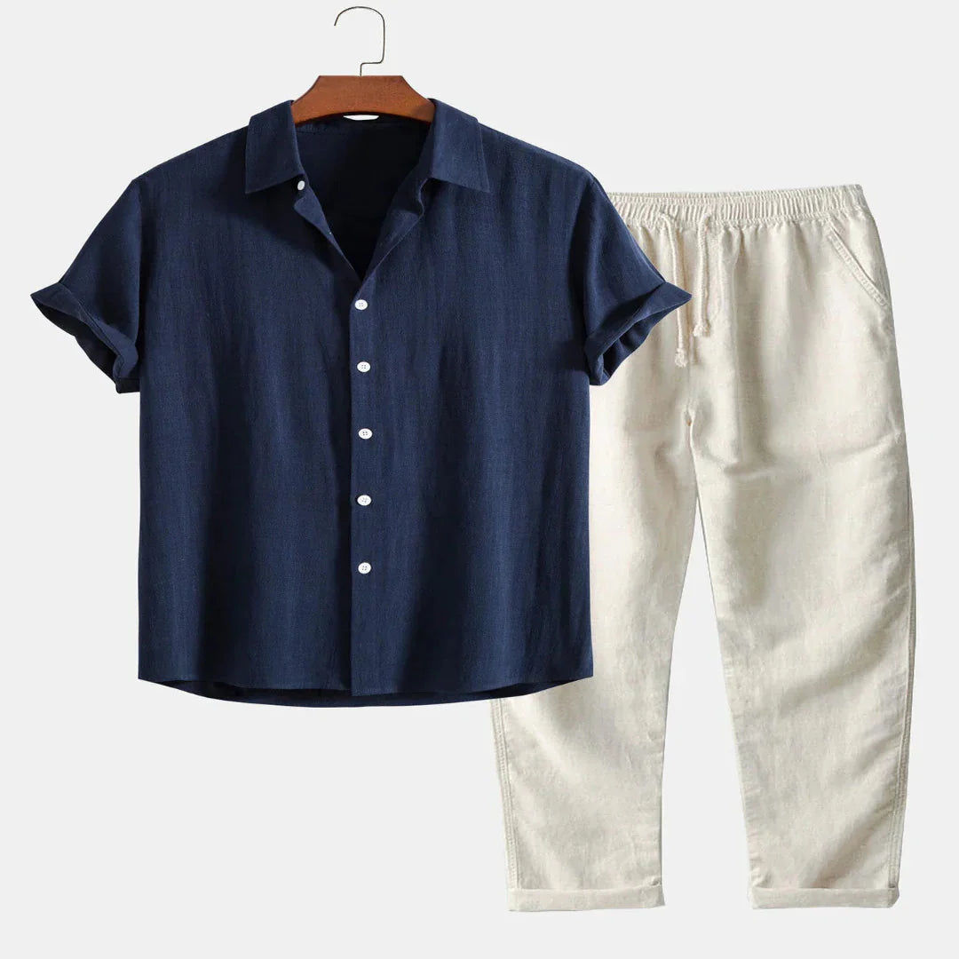 Men's Linen Shirt and Pants Set with Stand Collar and Short Sleeves