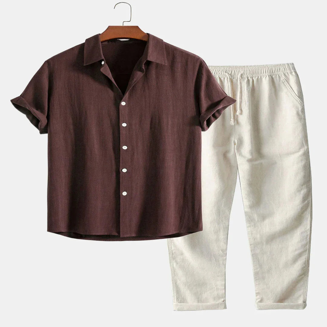 Men's Linen Shirt and Pants Set with Stand Collar and Short Sleeves