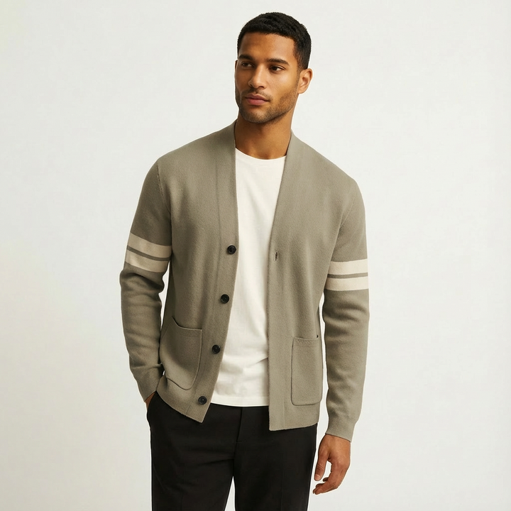 Classic Merino Men’s Cardigan with Stripe Sleeves
