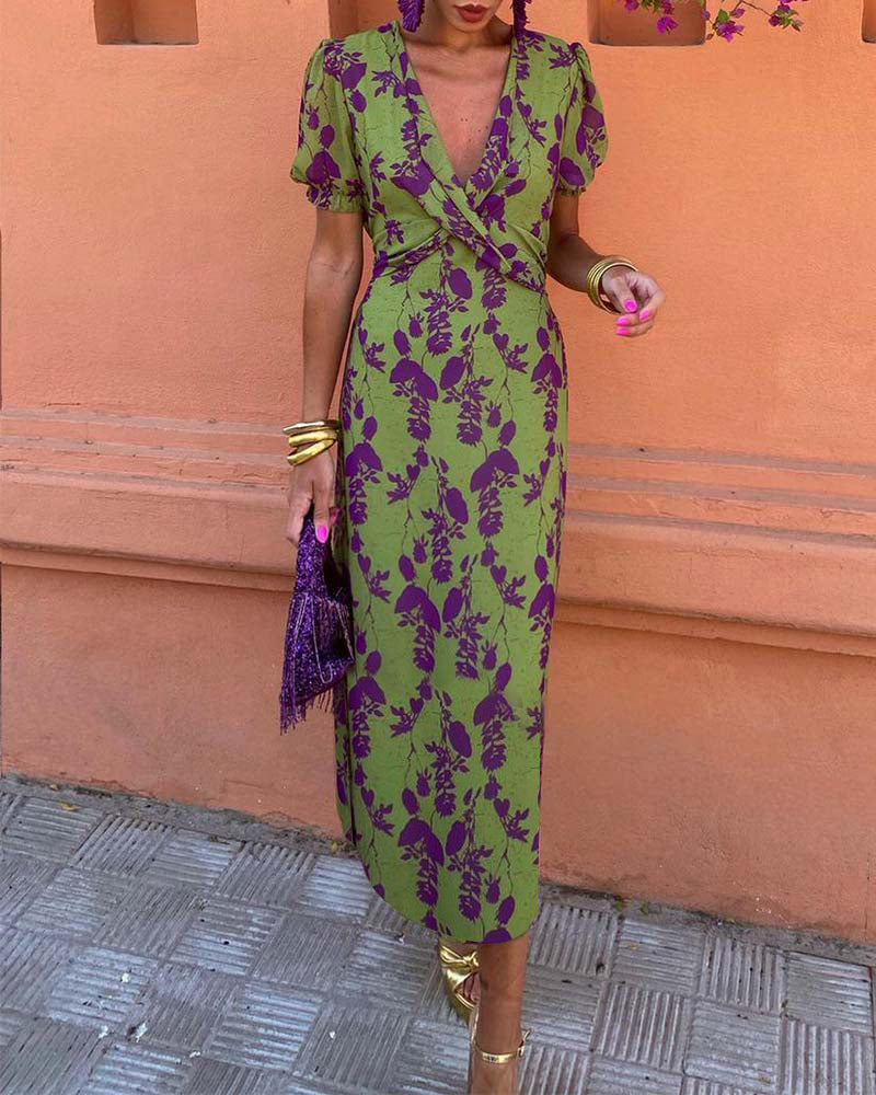 Women's Floral Midi Dress with Puff Sleeves and Draped Waist