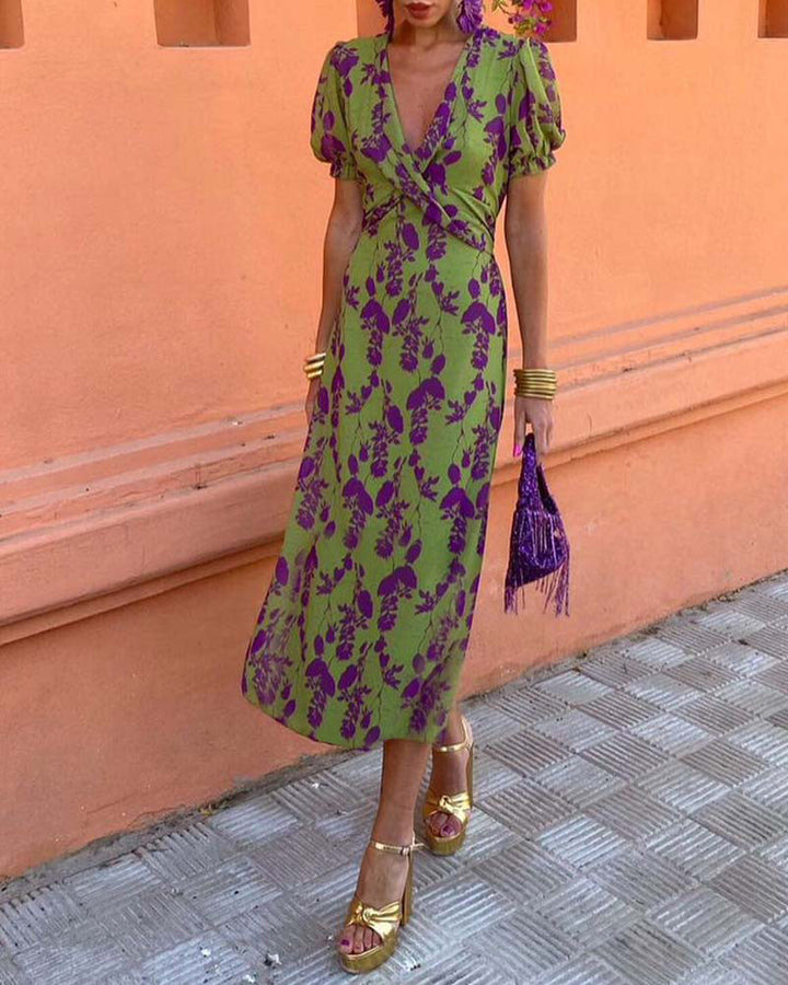 Women's Floral Midi Dress with Puff Sleeves and Draped Waist