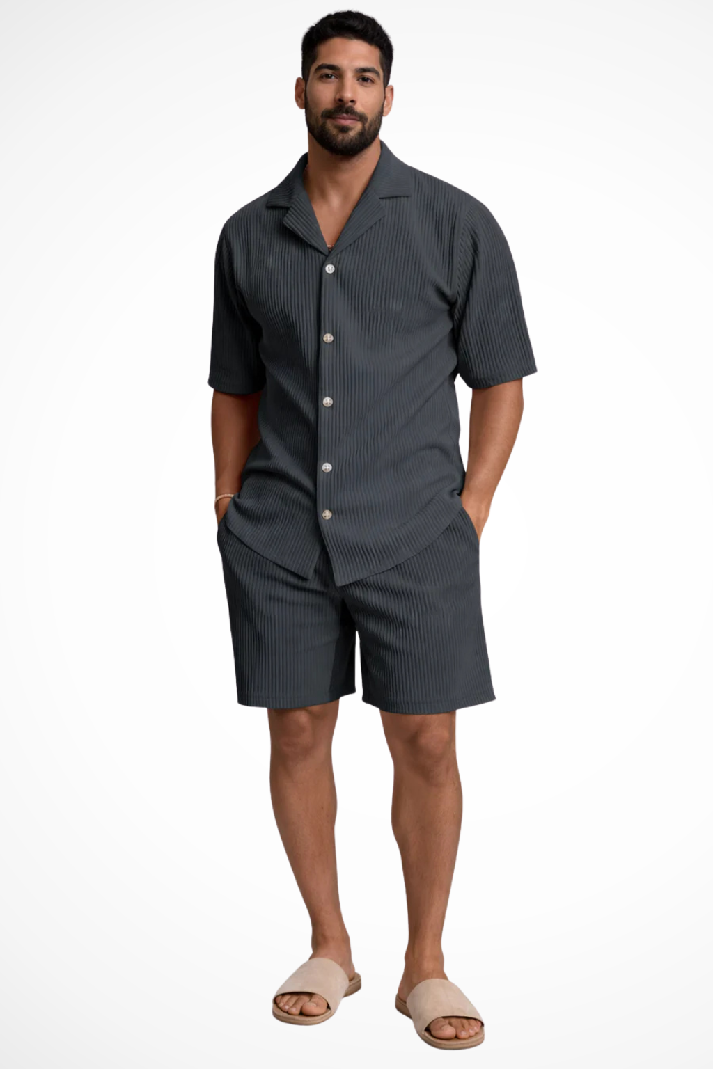 Textured Men’s Short Sleeve Shirt and Shorts Summer Outfit Set