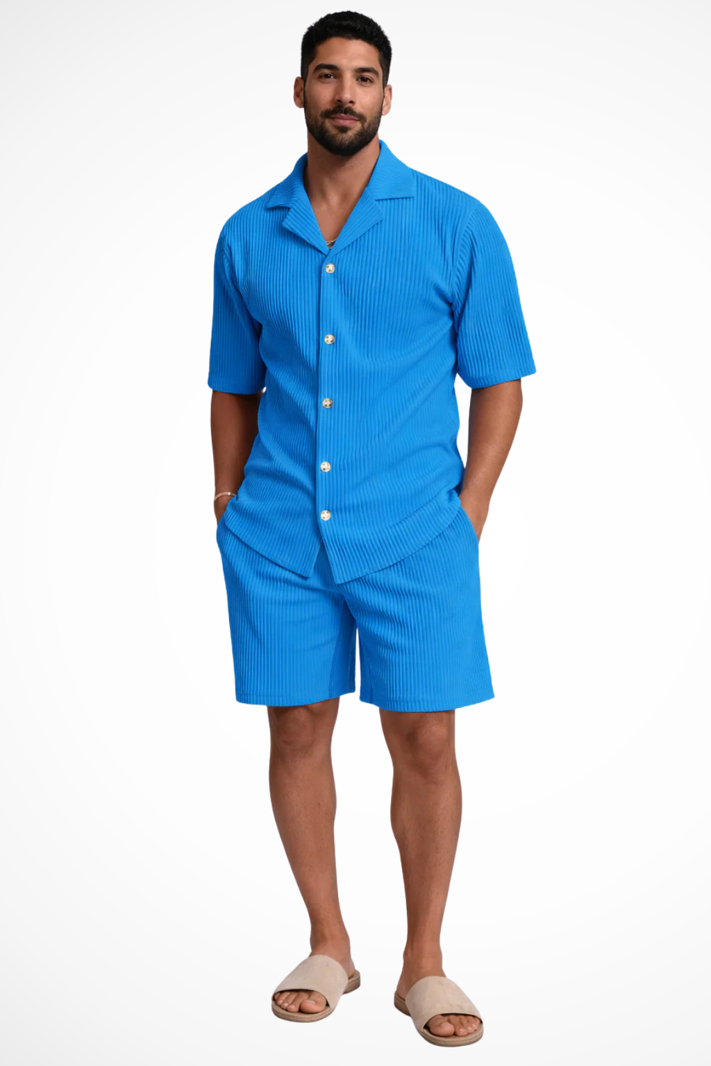 Textured Men’s Short Sleeve Shirt and Shorts Summer Outfit Set