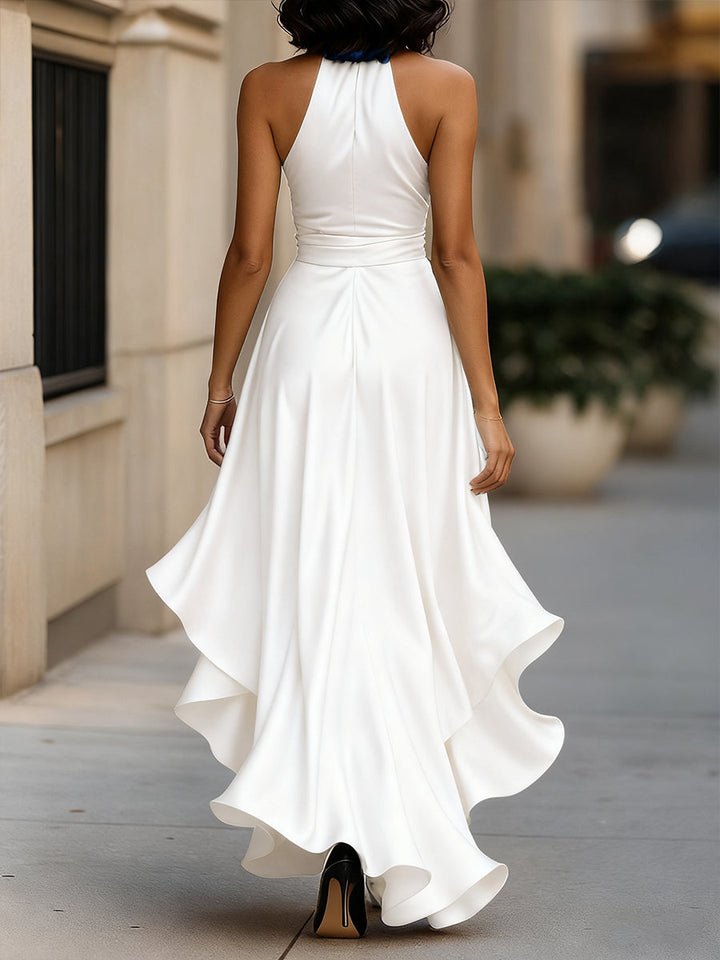 Women's Satin Halter Neck Ruffle Gown with High-Low Hem