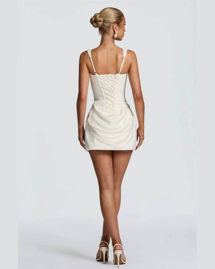 Draped Mini Dress with Square Neck and Ruched Skirt