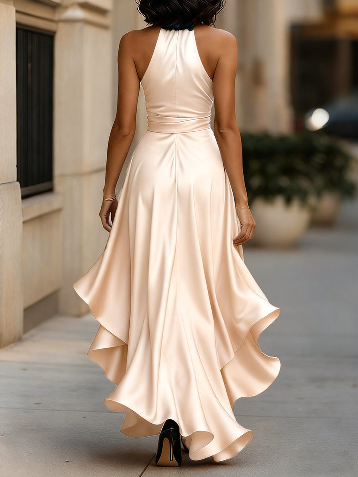 Women's Satin Halter Neck Ruffle Gown with High-Low Hem