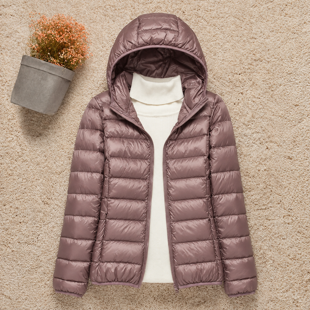 Carlo - Women's Puffer Jacket with Hood - Taupe