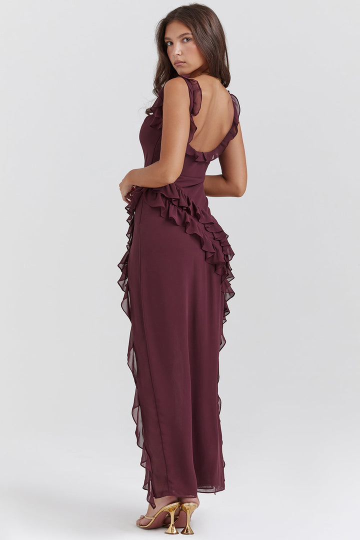 Elegant Women's Melantha Dress – Adjustable Straps – Ruffle Detail – High Slit