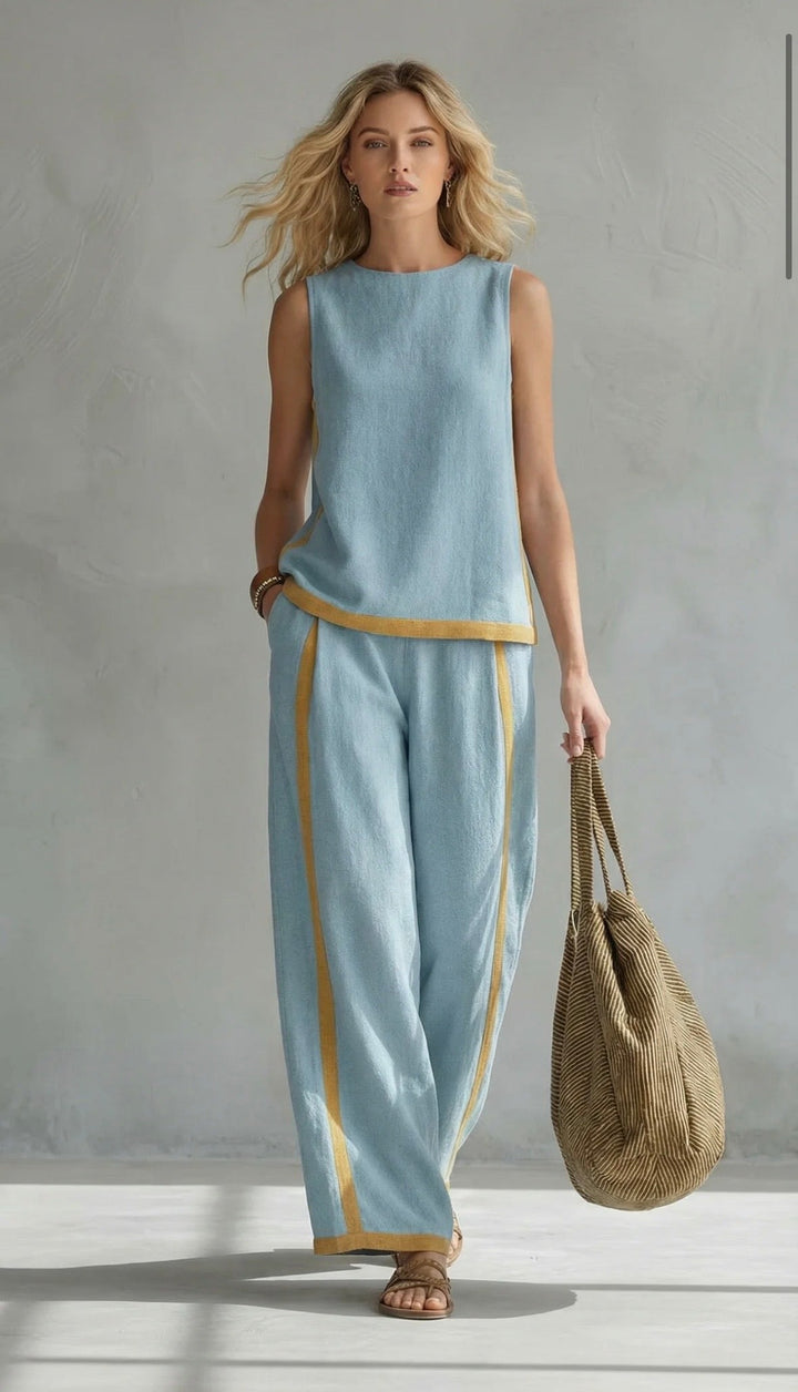 Women's Two-Piece Set with Contrast Trim – Blue