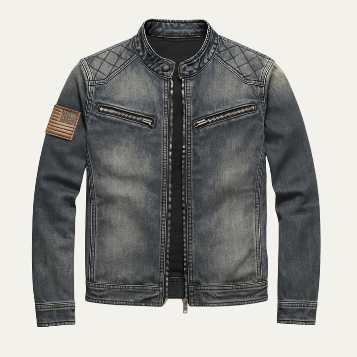Men's Denim Jacket with Zip Front and Collar