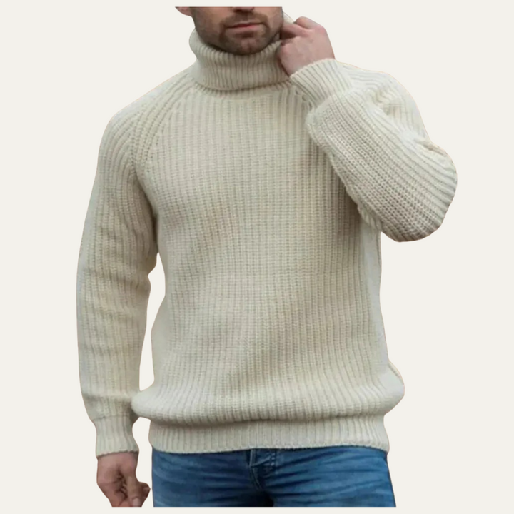 Men's Ribbed Knit Roll Neck Jumper with Collar and Relaxed Fit
