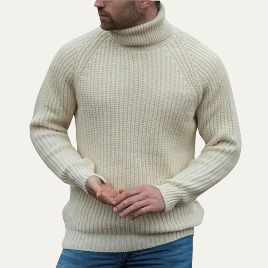 Men's Ribbed Knit Roll Neck Jumper with Collar and Relaxed Fit