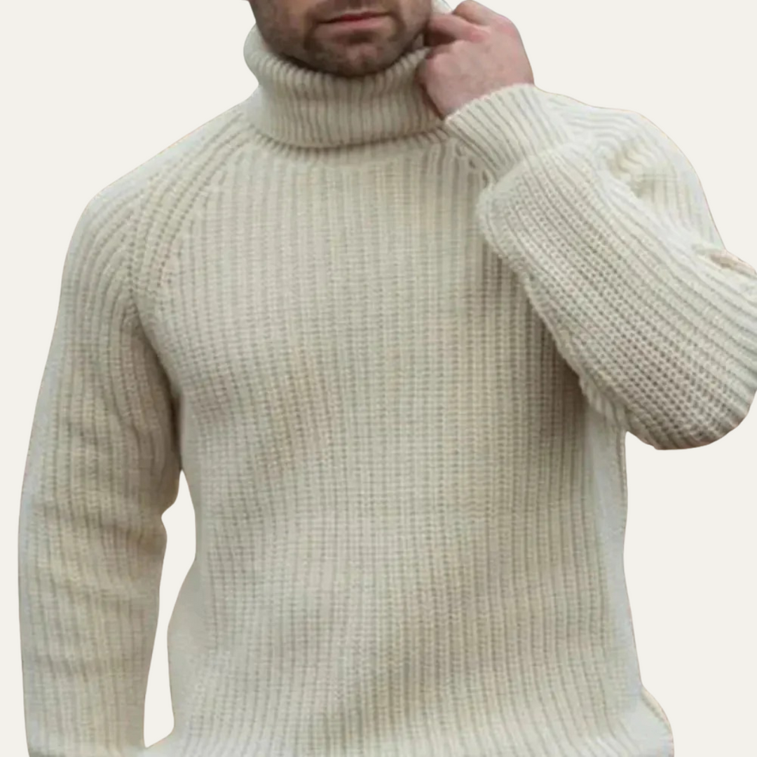 Men's Ribbed Knit Roll Neck Jumper with Collar and Relaxed Fit