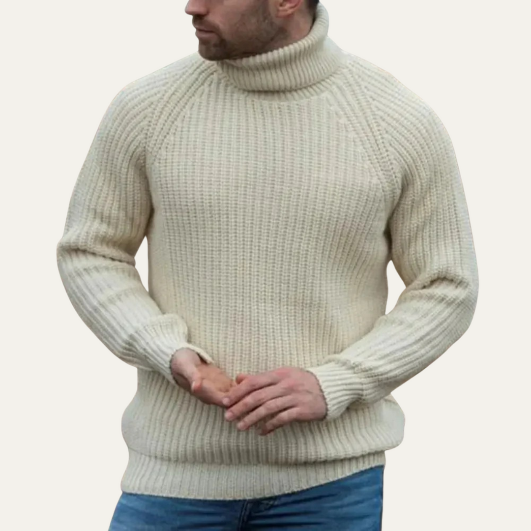 Men's Ribbed Knit Roll Neck Jumper with Collar and Relaxed Fit
