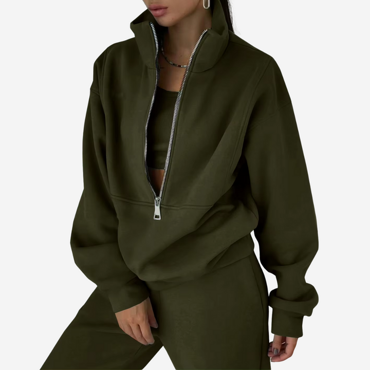 Women's Fleece Long Sleeve Two-Piece Set with Pockets and a Zip