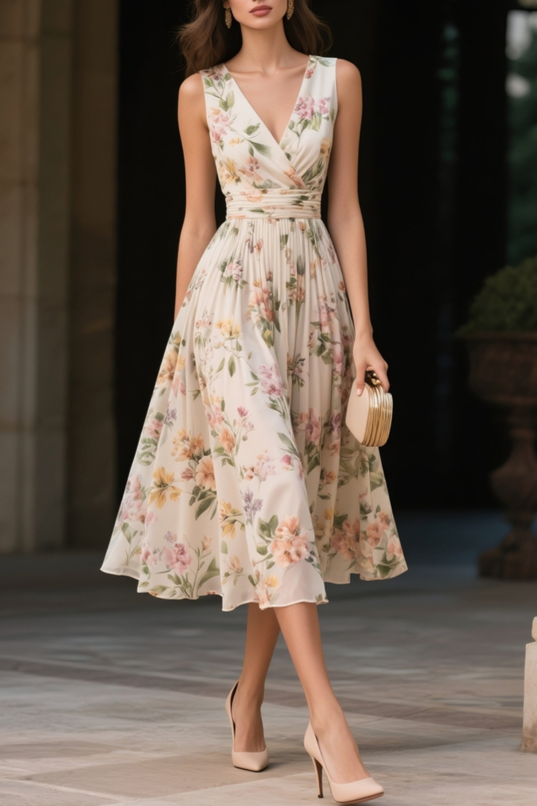 Soft Beige Floral Chiffon Midi Dress with Ruched V Neck