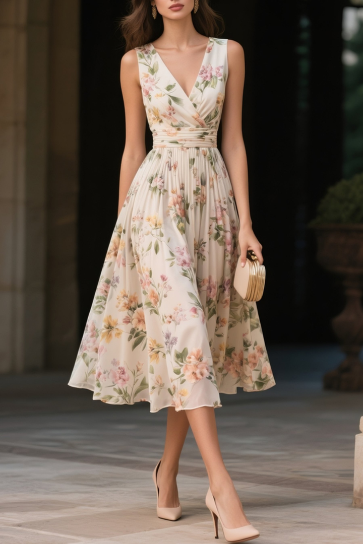 Soft Beige Floral Chiffon Midi Dress with Ruched V Neck