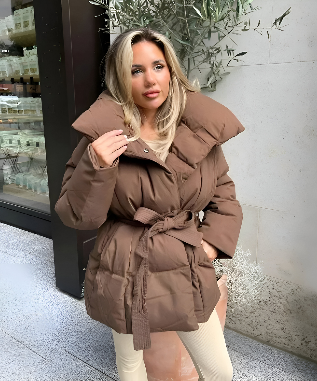 Women's Quilted Coat with a High Neck and a Zip – Brown