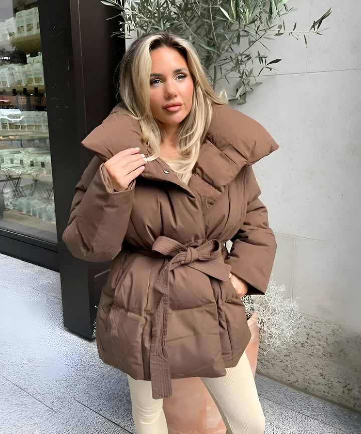 Women's Quilted Coat with a High Neck and a Zip – Brown
