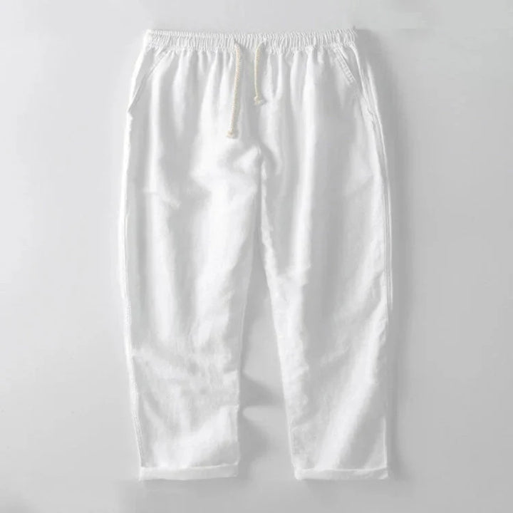 Men's Linen Shirt and Pants Set with Stand Collar and Short Sleeves
