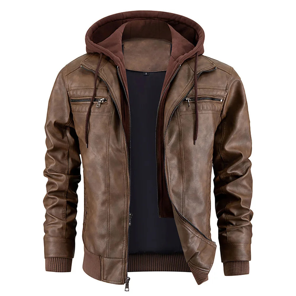 Men's Leather Look Winter Coat with Hood