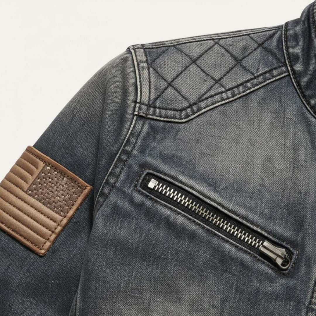 Men's Denim Jacket with Zip Front and Collar
