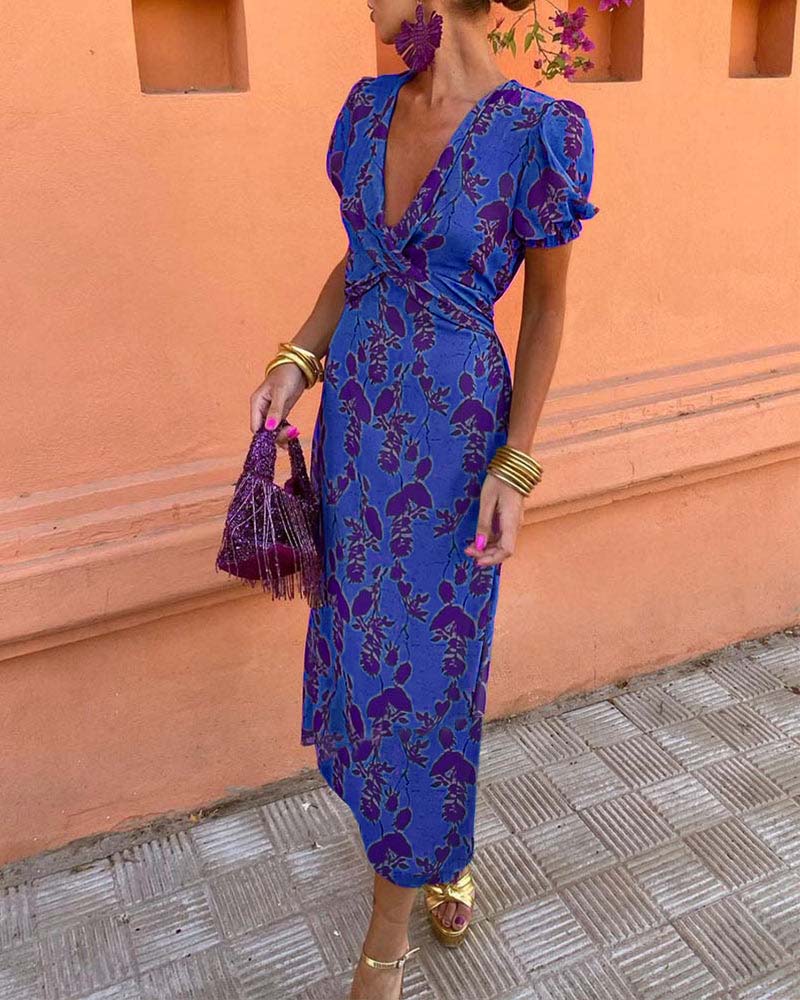 Women's Floral Midi Dress with Puff Sleeves and Draped Waist