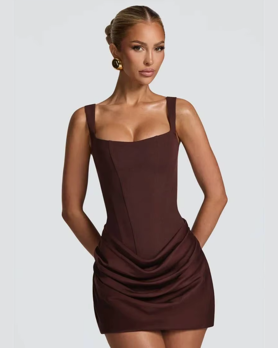 Draped Mini Dress with Square Neck and Ruched Skirt