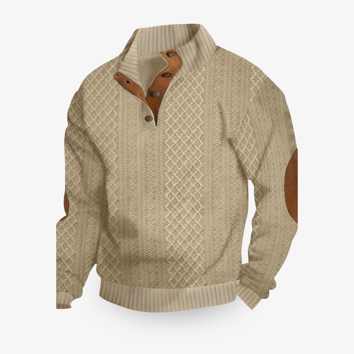 Beige cable knit sweater with leather elbow patches