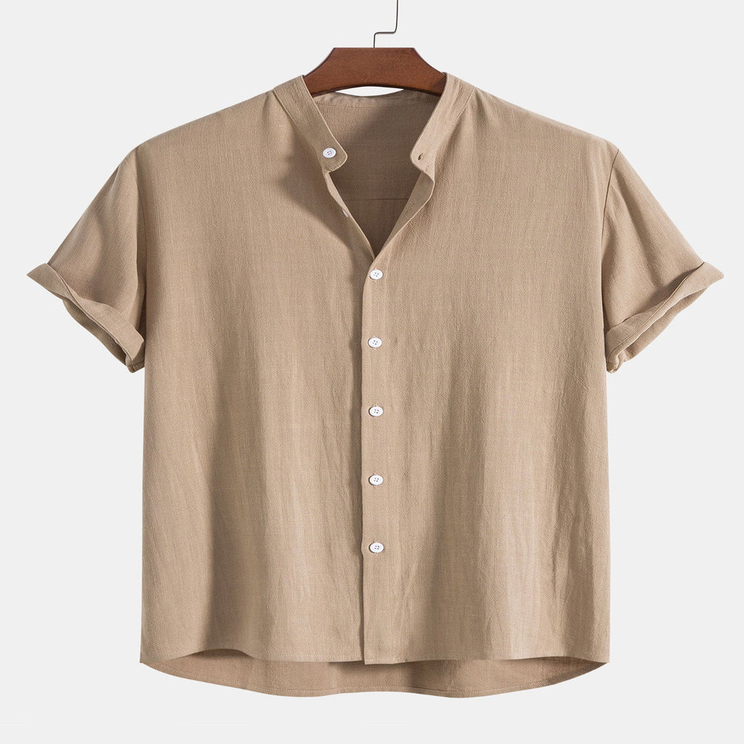 Men's Linen Shirt and Pants Set with Stand Collar and Short Sleeves