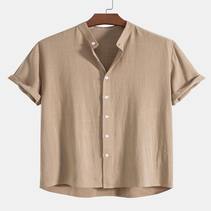 Men's Linen Shirt and Pants Set with Stand Collar and Short Sleeves
