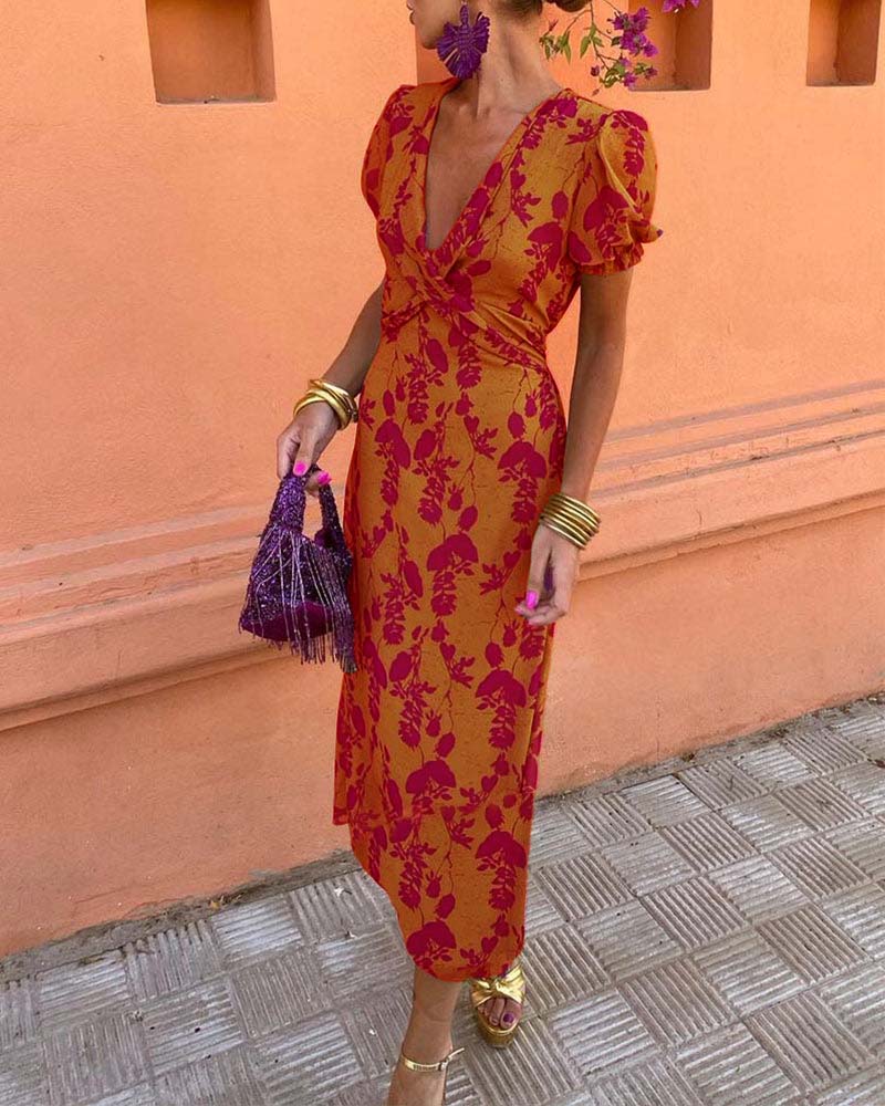 Women's Floral Midi Dress with Puff Sleeves and Draped Waist