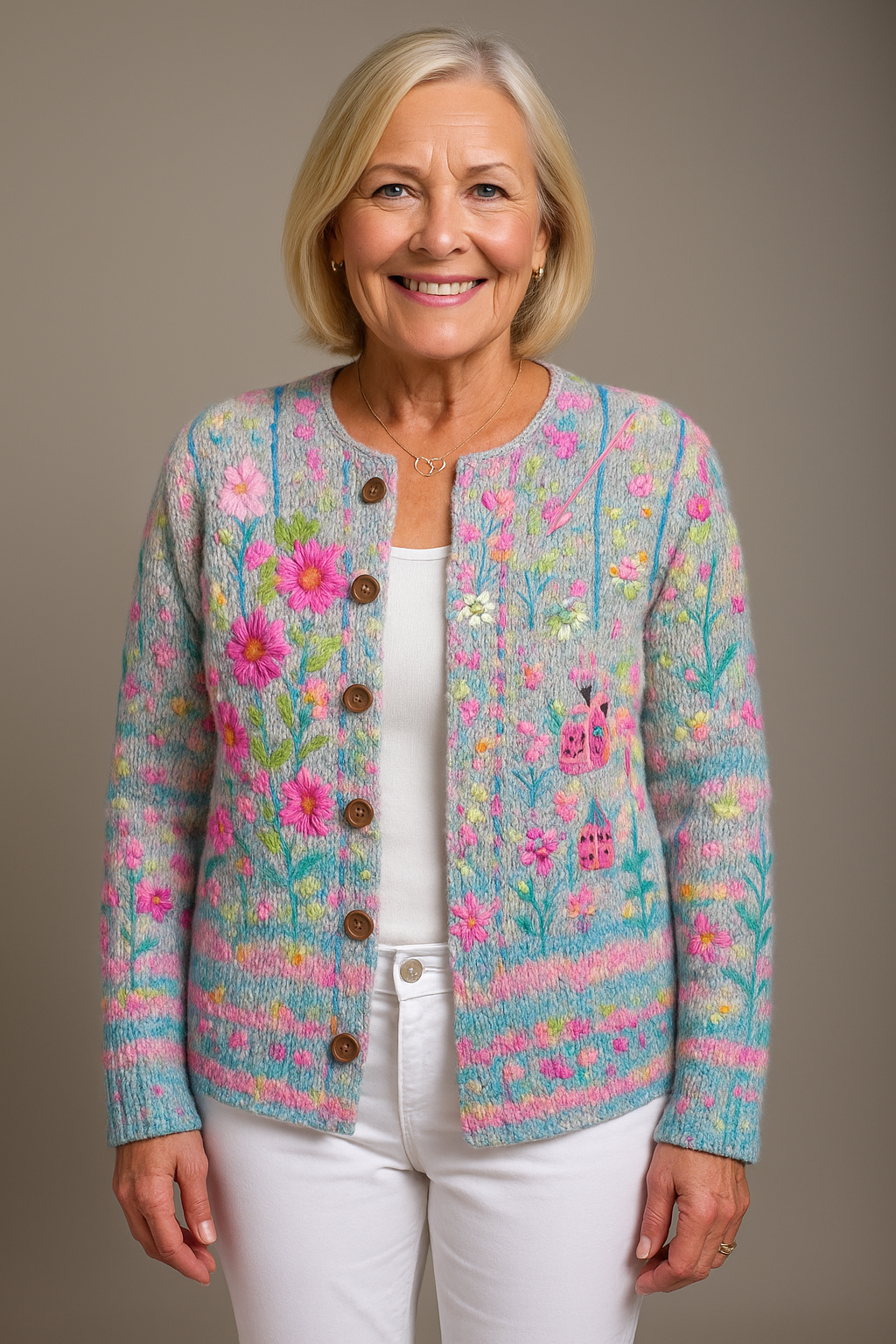 Women's Soft Knit Cardigan with Floral Buttons